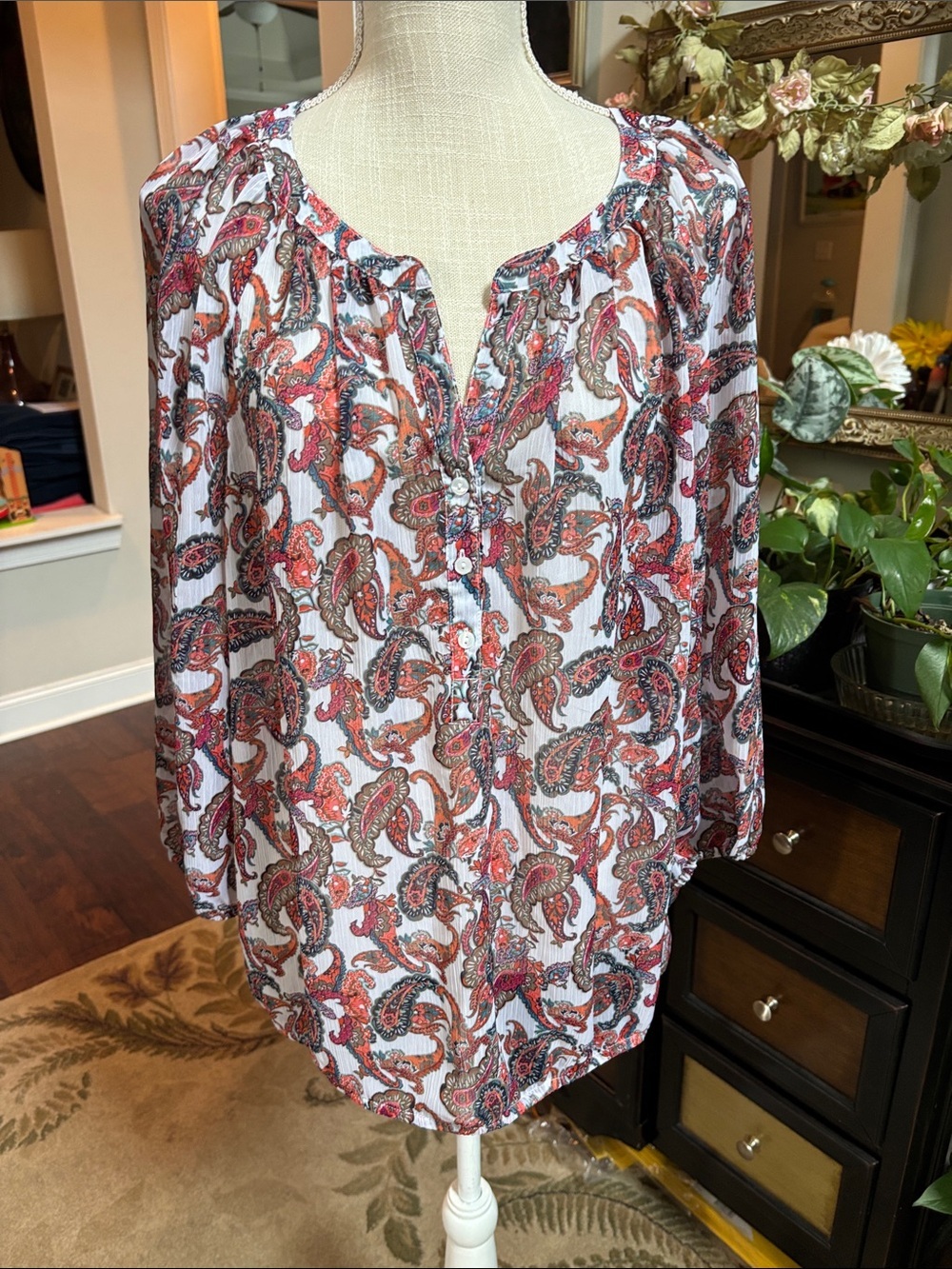 Liz Claiborne Women's Paisley Button-Front Blouse - White & Red size XL